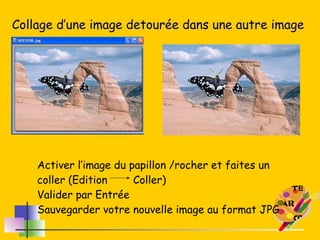 Collage d’une image detourée dans une autre image Activer l’image du papillon /rocher et faites un coller (Edition  Coller) Valider par Entrée Sauvegarder votre nouvelle image au format JPG 