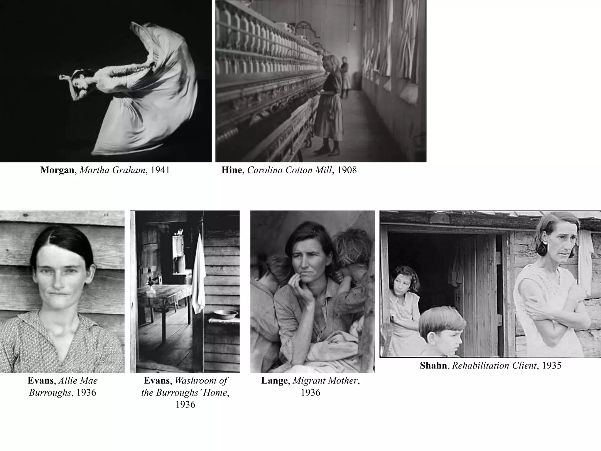 Hine, Carolina Cotton Mill, 1908Morgan,Martha Graham, 1941Shahn, Rehabilitation Client, 1935Evans, Washroom of the Burroughs’ Home, 1936Lange, Migrant Mother, 1936Evans, Allie Mae Burroughs, 1936