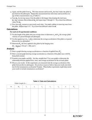 Photogate Timer                                                                                                      012-06379B



     12    Again, start the glider from x0. This time measure and record t3, the time it takes the glider to
           pass between the photogates. Repeat this measurement four more times and record the aver-
           age of these measurements as t3 in Table 4.1.
      13   Vary ma, by moving masses from the glider to the hanger (thus keeping the total mass,
           m + ma, constant.) Record m and ma and repeat steps 5 through 11. Try at least four different
           values for ma.
     14    Now leave ma constant at a previously used value. Vary m by adding or removing mass from
           the glider. Repeat steps 5-11. Try at least four different values for m.
Calculations
     For each set of experimental conditions:
           Use the length of the glider and your average times to determine v1 and v2, the average glider
           velocity as it passed through each photogate.
           Use the equation a = (v2 - v1)/t3 to determine the average acceleration of the glider as it passed
           between the two photogates.
           Determine Fa, the force applied to the glider by the hanging mass.
           (Fa = mag; g = 9.8 m/s2 = 980 cm/s2)
Analysis
           Draw a graph showing average acceleration as a function of applied force, Fa,.
           Draw a second graph showing average acceleration as a function of the glider mass with Ma
           being held constant.
           Examine your graphs carefully. Are they straight lines? Use your graphs to determine the
           relationship between applied force, mass, and average acceleration for the air track glider.
           Discuss your results. In this experiment, you measured only the average acceleration of the
           glider between the two photogates. Do you have reason to believe that your results also hold
           true for the instantaneous acceleration? Explain. What further experiments might help extend
           your results to include instantaneous acceleration?




                                             Table 4.1 Data and Calculations
               Glider Length, L =

      m             ma           t1            t2          t3           v1            v2          a             Fa




                                                                12                                                           ®
 