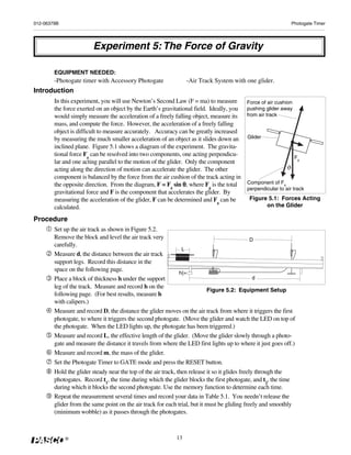 012-06379B                                                                                                      Photogate Timer




                        Experiment 5: The Force of Gravity

        EQUIPMENT NEEDED:
        -Photogate timer with Accessory Photogate                -Air Track System with one glider.
Introduction
        In this experiment, you will use Newton’s Second Law (F = ma) to measure          Force of air cushion
        the force exerted on an object by the Earth’s gravitational field. Ideally, you   pushing glider away
        would simply measure the acceleration of a freely falling object, measure its     from air track
        mass, and compute the force. However, the acceleration of a freely falling
        object is difficult to measure accurately. Accuracy can be greatly increased
        by measuring the much smaller acceleration of an object as it slides down an       Glider
        inclined plane. Figure 5.1 shows a diagram of the experiment. The gravita-
        tional force Fg can be resolved into two components, one acting perpendicu-
                                                                                                                 Fg
        lar and one acting parallel to the motion of the glider. Only the component
        acting along the direction of motion can accelerate the glider. The other                           ϑ
        component is balanced by the force from the air cushion of the track acting in
        the opposite direction. From the diagram, F = Fg sin θ, where Fg is the total     Component of Fg
                                                                                          perpendicular to air track
        gravitational force and F is the component that accelerates the glider. By
        measuring the acceleration of the glider, F can be determined and Fg can be        Figure 5.1: Forces Acting
        calculated.                                                                              on the Glider

Procedure
        Set up the air track as shown in Figure 5.2.
        Remove the block and level the air track very                                    D
        carefully.
                                                             L
        Measure d, the distance between the air track
        support legs. Record this distance in the
        space on the following page.
                                                            h{=
        Place a block of thickness h under the support                                     d
        leg of the track. Measure and record h on the
                                                                       Figure 5.2: Equipment Setup
        following page. (For best results, measure h
        with calipers.)
        Measure and record D, the distance the glider moves on the air track from where it triggers the first
        photogate, to where it triggers the second photogate. (Move the glider and watch the LED on top of
        the photogate. When the LED lights up, the photogate has been triggered.)
        Measure and record L, the effective length of the glider. (Move the glider slowly through a photo-
        gate and measure the distance it travels from where the LED first lights up to where it just goes off.)
        Measure and record m, the mass of the glider.
        Set the Photogate Timer to GATE mode and press the RESET button.
        Hold the glider steady near the top of the air track, then release it so it glides freely through the
        photogates. Record t1, the time during which the glider blocks the first photogate, and t2, the time
        during which it blocks the second photogate. Use the memory function to determine each time.
        Repeat the measurement several times and record your data in Table 5.1. You needn’t release the
        glider from the same point on the air track for each trial, but it must be gliding freely and smoothly
        (minimum wobble) as it passes through the photogates.



             ®                                              13
 