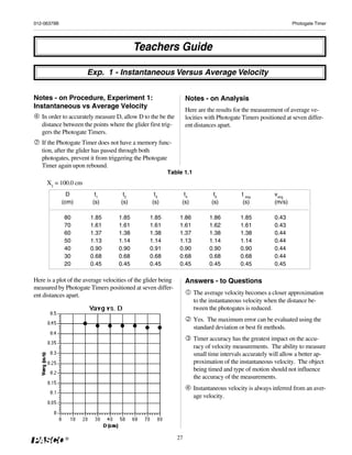 012-06379B                                                                                                       Photogate Timer




                                           Teachers Guide

                      Exp. 1 - Instantaneous Versus Average Velocity


Notes - on Procedure, Experiment 1:                                 Notes - on Analysis
Instantaneous vs Average Velocity
                                                                    Here are the results for the measurement of average ve-
   In order to accurately measure D, allow D to the be the          locities with Photogate Timers positioned at seven differ-
   distance between the points where the glider first trig-         ent distances apart.
   gers the Photogate Timers.
   If the Photogate Timer does not have a memory func-
   tion, after the glider has passed through both
   photogates, prevent it from triggering the Photogate
   Timer again upon rebound.
                                                         Table 1.1
     X1 = 100.0 cm
               D          t1          t2           t3            t4             t5         t avg         vavg
             (cm)        (s)         (s)          (s)           (s)            (s)          (s)          (m/s)

             80         1.85        1.85         1.85           1.86          1.86         1.85          0.43
             70         1.61        1.61         1.61           1.61          1.62         1.61          0.43
             60         1.37        1.38         1.38           1.37          1.38         1.38          0.44
             50         1.13        1.14         1.14           1.13          1.14         1.14          0.44
             40         0.90        0.90         0.91           0.90          0.90         0.90          0.44
             30         0.68        0.68         0.68           0.68          0.68         0.68          0.44
             20         0.45        0.45         0.45           0.45          0.45         0.45          0.45

Here is a plot of the average velocities of the glider being        Answers - to Questions
measured by Photogate Timers positioned at seven differ-
ent distances apart.                                                   The average velocity becomes a closer approximation
                                                                       to the instantaneous velocity when the distance be-
                                                                       tween the photogates is reduced.
                                                                       Yes. The maximum error can be evaluated using the
                                                                       standard deviation or best fit methods.
                                                                       Timer accuracy has the greatest impact on the accu-
                                                                       racy of velocity measurements. The ability to measure
                                                                       small time intervals accurately will allow a better ap-
                                                                       proximation of the instantaneous velocity. The object
                                                                       being timed and type of motion should not influence
                                                                       the accuracy of the measurements.
                                                                       Instantaneous velocity is always inferred from an aver-
                                                                       age velocity.




              ®                                                27
 