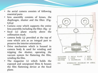 • An aerial camera consists of following
essential parts
• lens assembly consists of lenses, the
diaphragm, shutter and the filter. (Fig-
6,8,9)
• Camera cone which supports the entire
lens assembly including the filter. (fig - 5)
• focal (2) plane exactly above the
collimation mark.
• camera body (3) provided at the top of
cone which acts as an integral part to
preserve the interior orientation.
• Drive mechanism which is housed in
camera body & used for winding and
tripping the shutter, operating the
vaccum system for flattering the film,
winding the film.
• The magazine (1) which holds the
exposed and unexposed films & houses
the film flattening device at the focal
plane.
 