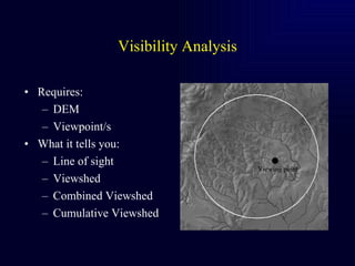 Visibility Analysis <ul><li>Requires: </li></ul><ul><ul><li>DEM </li></ul></ul><ul><ul><li>Viewpoint/s </li></ul></ul><ul>...