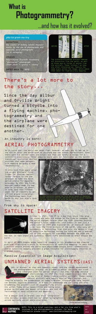 What is
Photogrammetry?
http://www.merriam-webster.com/dictionary/photogrammetry
From the good folks at Merriam-Webster:
pho·to·gram·me·try
DEFINITION:
the science of making reliable measure-
ments by the use of photographs and
especially aerial photographs
(as in surveying)
ORIGINS:
International Scientific Vocabulary
“photogram” photograph
(from phot- + -gram) + -metry
DATES BACK TO: 1875
There’s a lot more to
the story...
Since the day Wilbur
and Orville Wright
turned a bicycle into
a flying machine, pho-
togrammetry and
the airplane were
destined for one
another.
An industry is born:
AERIAL PHOTOGRAMMETRY
As it turns out, the world was never flat. However, an easy way to get up in
the air to cover the earth with an accurate map was almost non-existent. Sure,
there were hot air-balloons and kites, but that was hardly a recipe for a
controlled environment. Other mapping means were not functional as the second
industrial revolution spurned
skylines that made perspec-
tive mapping accuracy a near
impossibility.
It only took five years after
the Wright Brothers’ first
flight for Italian Captain
Cesare Tardivo to use the
airplane to take the first
aerial photos for mapping
purposes. By 1914 the first
mounted camera made its way
onto an airplane. In short,
it took less than fifteen
years for an industry to get
off the ground (literally).
The technology went from
earth to sky, but didn’t stop
there...
In 1924 Fairchild created the first aerial mosaic of Manhattan
Island. Fairchild used over 100 aerial photos to stitch together
the most detailed map the world had seen to that point.
Source: NYC.gov
October 4, 1957, 7:28 PM is a day that stuck like glue
for those who were old enough at the time to remember it.
The world changed forever when the USSR launched Sputnik,
the world’s first satellite, into orbit. It was just 2
years later in 1959 when Explorer VI, an American satel-
lite, took the first picture of the earth. Like many ad-
vancements in technology from that era, the meteoric rise
of satellite technology during the cold war was a byprod-
uct of the struggle for supremacy between the USSR and
the USA. In fact there are currently (2014) 2,271 satellites in orbit around the
Earth.
In April of 2005 Google added satellite imagery to its broadening map viewing
platform, signifying a shift in accessibility of satellite mapping. To date over
1 billion people around the world have downloaded Google Earth. Commercially,
stereo satellite imagery provides a great resource for orthoimagery creation on
a global scale.
...and how has it evolved?
Sputnik
(Image source: NASA)
From sky to space:
SATELLITE IMAGERY
UAS, or drones, as they are commonly known, are the latest advancement in
the photogrammetric process. As alluded to above, balloons and kites
were sometimes used for aerial imagery, but they had some obvious
shortcomings. In 1937 the first competition was held for
a new kind of hobby: remote control aircraft. These remote
control aircraft were merely toys at their outset, but
they’re actually the predecessor to today’s drones. Although the term “drone”
can attract negative attention as a tool of espionage and war, they are also
broadening the possibilities of mapping firms around
the world. Today drone capabilities are being inte-
grated to increase the speed, efficiency and cost ef-
fectiveness of data collection and mapping.
For a deeper look at drones, and their integration
into society, please check out our other infographics
across multiple social media platforms.
Massive Expansion in Image Acquisition:
UNMANNED AERIAL SYSTEMS(UAS)
Drone derived imagery
The orthorectification process removes
all distortion from the earth, as well
as those due to forces of motion from
the aircraft. These “orthos,” as they
are often referenced as, feature the
same scale across the image, which makes
them ideal for high-accuracy mapping.
NOTE: This is a brief overview, and a far cry from what’s
involved in the photogrammetric process. For more
information please visit: www.continentalmapping.com
BEFORE AFTER
 