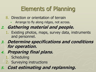 Elements of Planning
8. Direction or orientation of terrain
 Arrange to fly along ridges, not across.
2. Gathering material and people.
1. Existing photos, maps, survey data, instruments
and personnel.
3. Determine specifications and conditions
for operation.
4. Preparing final plans.
1. Scheduling
2. Surveying instructions
5. Cost estimating and replanning.
 