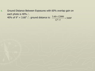 6. Ground Distance Between Exposures with 60% overlap gain on
each photo is 40%
40% of 9” = 3.60” ground distance is:

 '
3600
'
1
/
"
12
12000
60
.
3


 