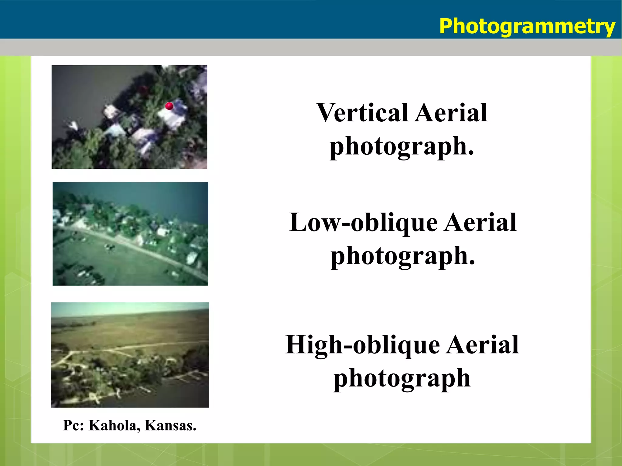 Vertical Aerial
photograph.
Low-oblique Aerial
photograph.
High-oblique Aerial
photograph
Pc: Kahola, Kansas.
Photogrammetry
 