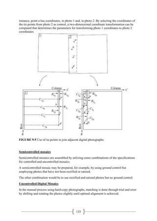 135
instance, point a has coordinates, in photo 1 and, in photo 2. By selecting the coordinates of
the tie points from photo 2 as control, a two-dimensional coordinate transformation can be
computed that determines the parameters for transforming photo 1 coordinates to photo 2
coordinates
FIGURE 9-5 Use of tie points to join adjacent digital photographs.
Semicontrolled mosaics
Semicontrolled mosaics are assembled by utilizing some combinations of the specifications
for controlled and uncontrolled mosaics.
A semicontrolled mosaic may be prepared, for example, by using ground control but
employing photos that have not been rectified or ratioed.
The other combination would be to use rectified and ratioed photos but no ground control.
Uncontrolled Digital Mosaics
In the manual process using hard-copy photographs, matching is done through trial and error
by shifting and rotating the photos slightly until optimal alignment is achieved.
 