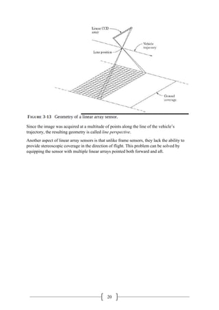 20
Since the image was acquired at a multitude of points along the line of the vehicle’s
trajectory, the resulting geometry is called line perspective.
Another aspect of linear array sensors is that unlike frame sensors, they lack the ability to
provide stereoscopic coverage in the direction of flight. This problem can be solved by
equipping the sensor with multiple linear arrays pointed both forward and aft.
 