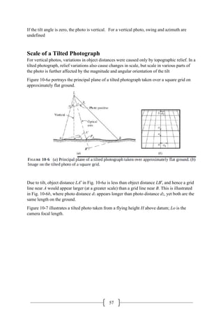 57
If the tilt angle is zero, the photo is vertical. For a vertical photo, swing and azimuth are
undefined
Scale of a Tilted Photograph
For vertical photos, variations in object distances were caused only by topographic relief. In a
tilted photograph, relief variations also cause changes in scale, but scale in various parts of
the photo is further affected by the magnitude and angular orientation of the tilt
Figure 10-6a portrays the principal plane of a tilted photograph taken over a square grid on
approximately flat ground.
Due to tilt, object distance LA′ in Fig. 10-6a is less than object distance LB′, and hence a grid
line near A would appear larger (at a greater scale) than a grid line near B. This is illustrated
in Fig. 10-6b, where photo distance d1 appears longer than photo distance d2, yet both are the
same length on the ground.
Figure 10-7 illustrates a tilted photo taken from a flying height H above datum; Lo is the
camera focal length.
 