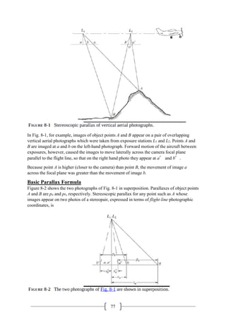77
In Fig. 8-1, for example, images of object points A and B appear on a pair of overlapping
vertical aerial photographs which were taken from exposure stations L1 and L2. Points A and
B are imaged at a and b on the left-hand photograph. Forward motion of the aircraft between
exposures, however, caused the images to move laterally across the camera focal plane
parallel to the flight line, so that on the right hand photo they appear at a′ and b′.
Because point A is higher (closer to the camera) than point B, the movement of image a
across the focal plane was greater than the movement of image b.
Basic Parallax Formula
Figure 8-2 shows the two photographs of Fig. 8-1 in superposition. Parallaxes of object points
A and B are pa and pb, respectively. Stereoscopic parallax for any point such as A whose
images appear on two photos of a stereopair, expressed in terms of flight-line photographic
coordinates, is
 