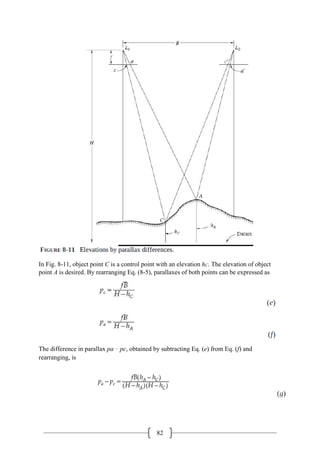 82
In Fig. 8-11, object point C is a control point with an elevation hC. The elevation of object
point A is desired. By rearranging Eq. (8-5), parallaxes of both points can be expressed as
The difference in parallax pa – pc, obtained by subtracting Eq. (e) from Eq. (f) and
rearranging, is
 