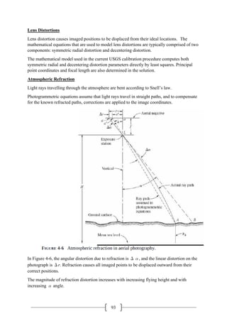 93
Lens Distortions
Lens distortion causes imaged positions to be displaced from their ideal locations. The
mathematical equations that are used to model lens distortions are typically comprised of two
components: symmetric radial distortion and decentering distortion.
The mathematical model used in the current USGS calibration procedure computes both
symmetric radial and decentering distortion parameters directly by least squares. Principal
point coordinates and focal length are also determined in the solution.
Atmospheric Refraction
Light rays travelling through the atmosphere are bent according to Snell’s law.
Photogrammetric equations assume that light rays travel in straight paths, and to compensate
for the known refracted paths, corrections are applied to the image coordinates.
In Figure 4-6, the angular distortion due to refraction is Δα, and the linear distortion on the
photograph is Δr. Refraction causes all imaged points to be displaced outward from their
correct positions.
The magnitude of refraction distortion increases with increasing flying height and with
increasing α angle.
 