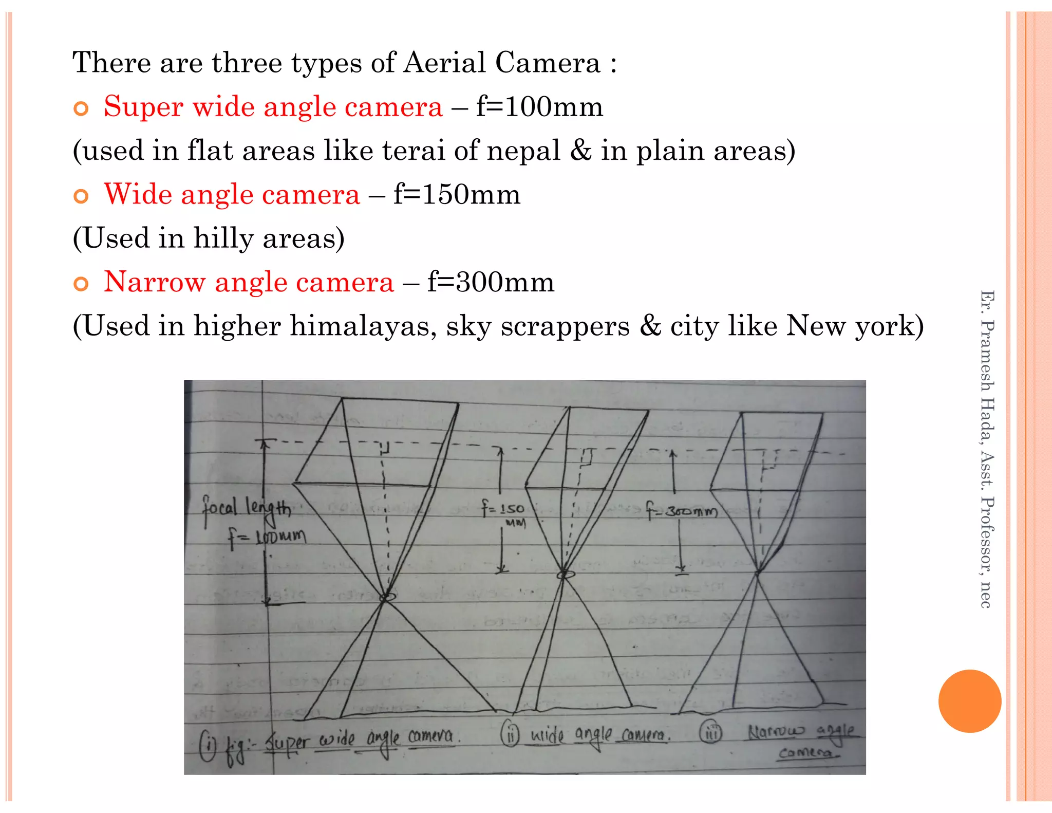 There are three types of Aerial Camera :
Super wide angle camera – f=100mm
(used in flat areas like terai of nepal & in plain areas)
Wide angle camera – f=150mm
(Used in hilly areas)
Narrow angle camera – f=300mm
(Used in higher himalayas, sky scrappers & city like New york)
Er.PrameshHada,Asst.Professor,necEr.PrameshHada,Asst.Professor,nec
 
