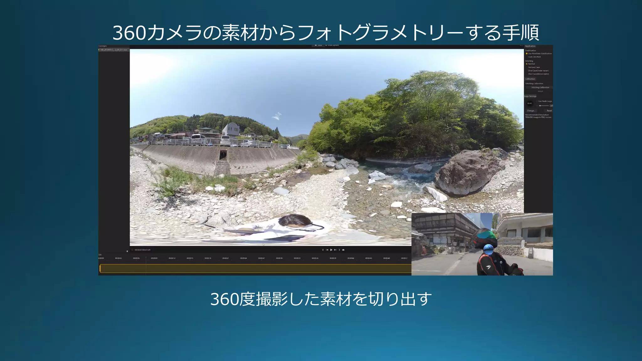 360カメラの素材からフォトグラメトリーする手順
360度撮影した素材を切り出す
 