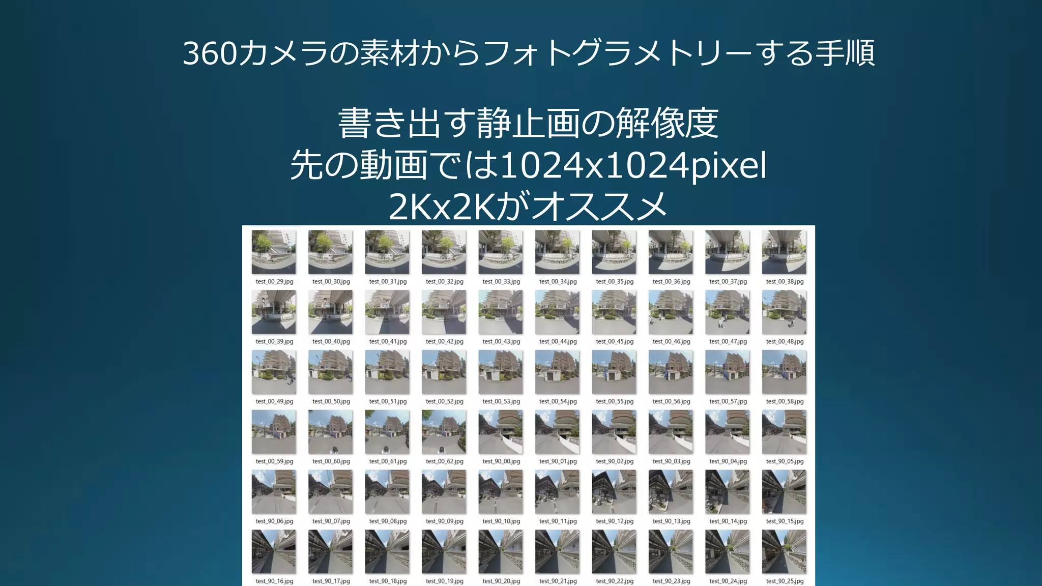 360カメラの素材からフォトグラメトリーする手順
書き出す静止画の解像度
先の動画では1024x1024pixel
2Kx2Kがオススメ
 