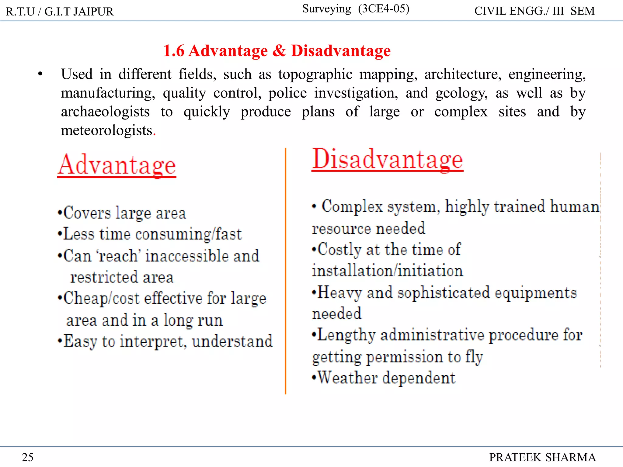 R.T.U / G.I.T JAIPUR Surveying (3CE4-05) CIVIL ENGG./ III SEM
PRATEEK SHARMA
25
1.6 Advantage & Disadvantage
• Used in different fields, such as topographic mapping, architecture, engineering,
manufacturing, quality control, police investigation, and geology, as well as by
archaeologists to quickly produce plans of large or complex sites and by
meteorologists.
 