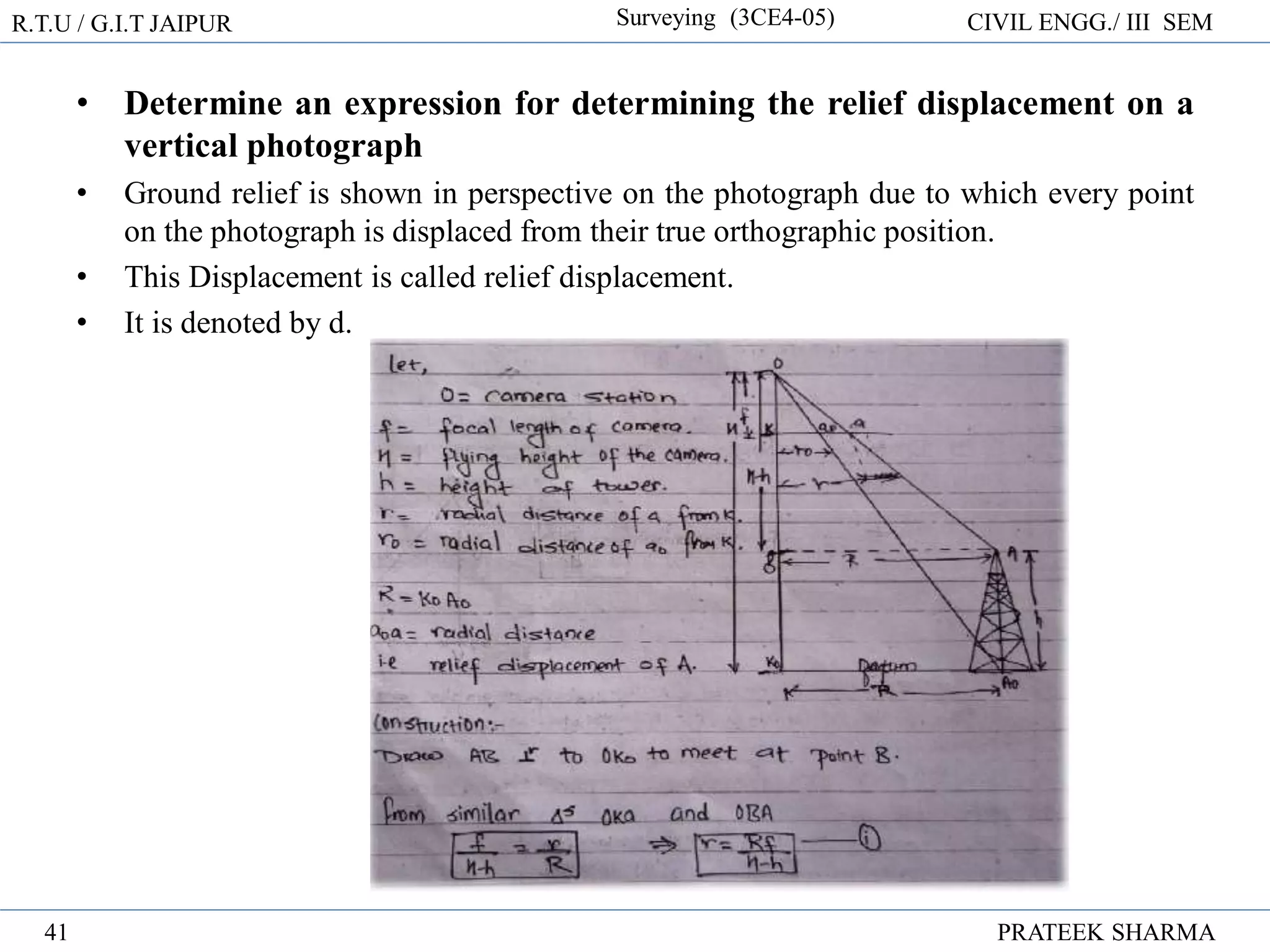 R.T.U / G.I.T JAIPUR Surveying (3CE4-05) CIVIL ENGG./ III SEM
PRATEEK SHARMA
41
• Determine an expression for determining the relief displacement on a
vertical photograph
• Ground relief is shown in perspective on the photograph due to which every point
on the photograph is displaced from their true orthographic position.
• This Displacement is called relief displacement.
• It is denoted by d.
 
