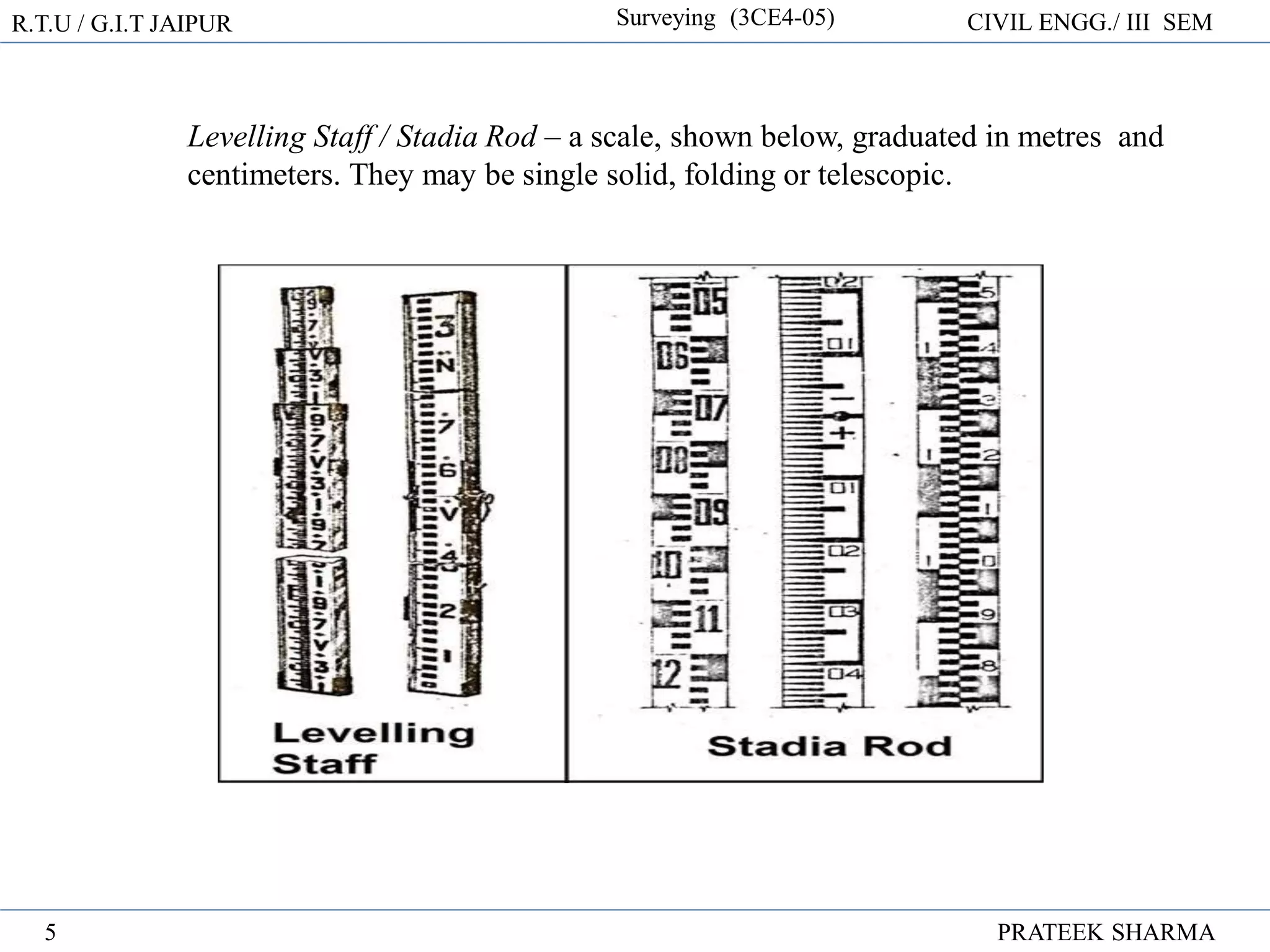 R.T.U / G.I.T JAIPUR Surveying (3CE4-05) CIVIL ENGG./ III SEM
PRATEEK SHARMA
5
Levelling Staff / Stadia Rod – a scale, shown below, graduated in metres and
centimeters. They may be single solid, folding or telescopic.
 