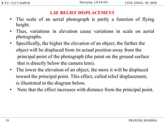 R.T.U / G.I.T JAIPUR Surveying (3CE4-05) CIVIL ENGG./ III SEM
PRATEEK SHARMA
39
1.10 RELIEF DISPLACEMENT
• The scale of an aerial photograph is partly a function of flying
height.
• Thus, variations in elevation cause variations in scale on aerial
photographs.
• Specifically, the higher the elevation of an object, the farther the
object will be displaced from its actual position away from the
principal point of the photograph (the point on the ground surface
that is directly below the camera lens).
• The lower the elevation of an object, the more it will be displaced
toward the principal point. This effect, called relief displacement,
is illustrated in the diagram below.
• Note that the effect increases with distance from the principal point.
 