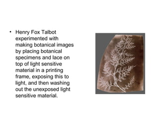 Henry Fox Talbot experimented with making botanical images by placing botanical specimens and lace on top of light sensitive material in a printing frame, exposing this to light, and then washing out the unexposed light sensitive material. 