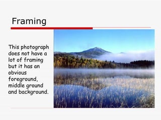 Framing This photograph does not have a lot of framing but it has an obvious foreground, middle ground and background. 