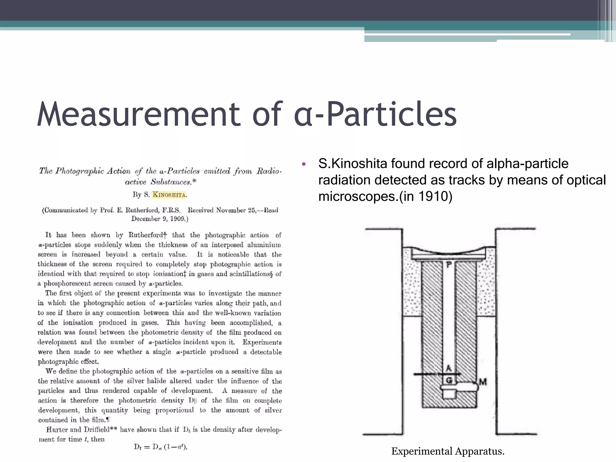 Measurement of α-Particles
• S.Kinoshita found record of alpha-particle
radiation detected as tracks by means of optical
microscopes.(in 1910)
Experimental Apparatus.
 
