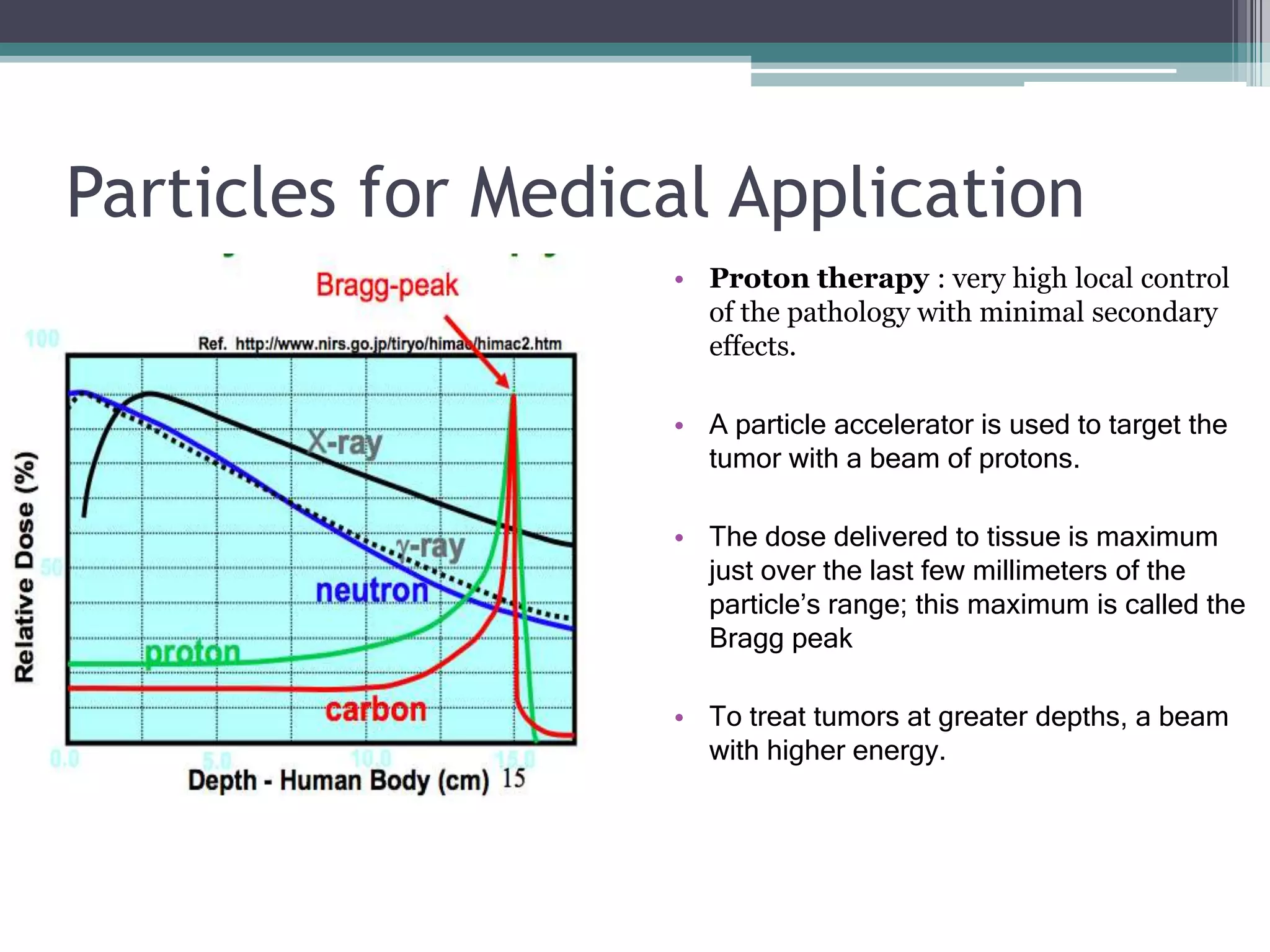 Particles for Medical Application
• Proton therapy : very high local control
of the pathology with minimal secondary
effects.
• A particle accelerator is used to target the
tumor with a beam of protons.
• The dose delivered to tissue is maximum
just over the last few millimeters of the
particle’s range; this maximum is called the
Bragg peak
• To treat tumors at greater depths, a beam
with higher energy.
 