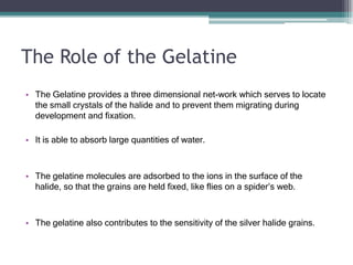 The Role of the Gelatine
• The Gelatine provides a three dimensional net-work which serves to locate
the small crystals of the halide and to prevent them migrating during
development and fixation.
• It is able to absorb large quantities of water.
• The gelatine molecules are adsorbed to the ions in the surface of the
halide, so that the grains are held fixed, like flies on a spider’s web.
• The gelatine also contributes to the sensitivity of the silver halide grains.
 