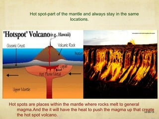 Hot spot-part of the mantle and always stay in the same
locations.

Hot spots are places within the mantle where rocks melt to general
magma.And the it will have the heat to push the magma up that create
12/20/13
the hot spot volcano.

 