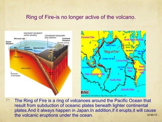 Ring of Fire-is no longer active of the volcano.

The Ring of Fire is a ring of volcanoes around the Pacific Ocean that
result from subduction of oceanic plates beneath lighter continental
plates.And it always happen in Japan.In addition,if it erupts,it will cause
12/20/13
the volcanic eruptions under the ocean.

 