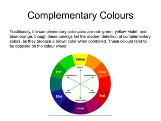 Complementary Colours
Traditionaly, the complementary color pairs are red–green, yellow–violet, and
blue–orange, though these pairings fail the modern definition of complementary
colors, as they produce a brown color when combined. These colours tend to
be opposite on the colour wheel
 