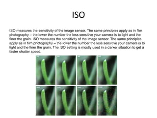 ISO
ISO measures the sensitivity of the image sensor. The same principles apply as in film
photography – the lower the number the less sensitive your camera is to light and the
finer the grain. ISO measures the sensitivity of the image sensor. The same principles
apply as in film photography – the lower the number the less sensitive your camera is to
light and the finer the grain. The ISO setting is mostly used in a darker situation to get a
faster shutter speed.
 