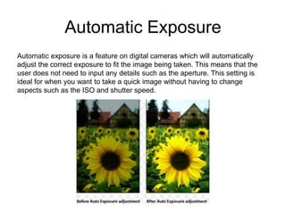 Automatic Exposure
Automatic exposure is a feature on digital cameras which will automatically
adjust the correct exposure to fit the image being taken. This means that the
user does not need to input any details such as the aperture. This setting is
ideal for when you want to take a quick image without having to change
aspects such as the ISO and shutter speed.
 