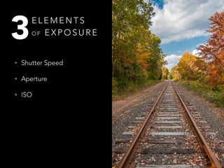 E L E M E N T S
O F E X P O S U R E3
• Shutter Speed
• Aperture
• ISO
 