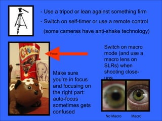 - Use a tripod or lean against something firm
- Switch on self-timer or use a remote control
(some cameras have anti-shake technology)
No Macro Macro
Make sure
you’re in focus
and focusing on
the right part:
auto-focus
sometimes gets
confused
Switch on macro
mode (and use a
macro lens on
SLRs) when
shooting close-
ups
Focus
 