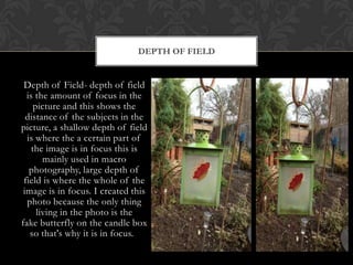 DEPTH OF FIELD


 Depth of Field- depth of field
  is the amount of focus in the
     picture and this shows the
  distance of the subjects in the
picture, a shallow depth of field
  is where the a certain part of
    the image is in focus this is
        mainly used in macro
   photography, large depth of
 field is where the whole of the
 image is in focus. I created this
  photo because the only thing
      living in the photo is the
fake butterfly on the candle box
   so that's why it is in focus.
 