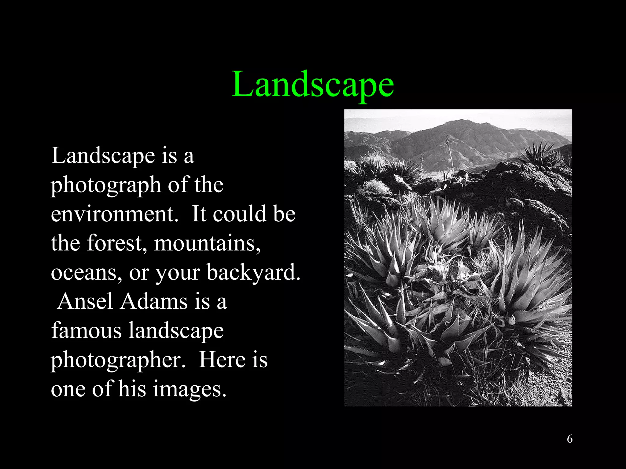 6
Landscape
Landscape is a
photograph of the
environment. It could be
the forest, mountains,
oceans, or your backyard.
Ansel Adams is a
famous landscape
photographer. Here is
one of his images.
 