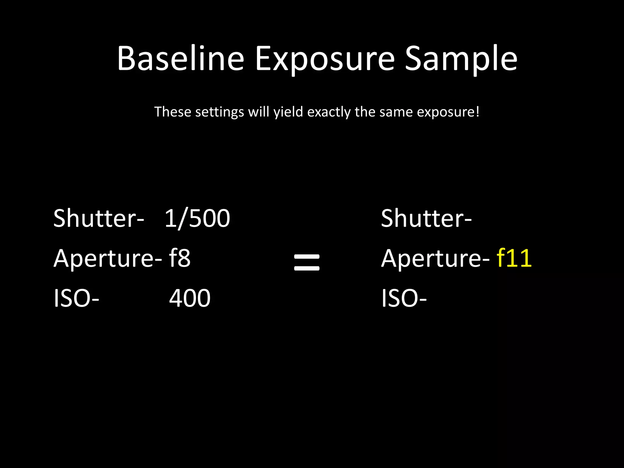 Baseline Exposure Sample
These settings will yield exactly the same exposure!

Shutter- 1/500
Aperture- f8
ISO400

=

ShutterAperture- f11
ISO-

 