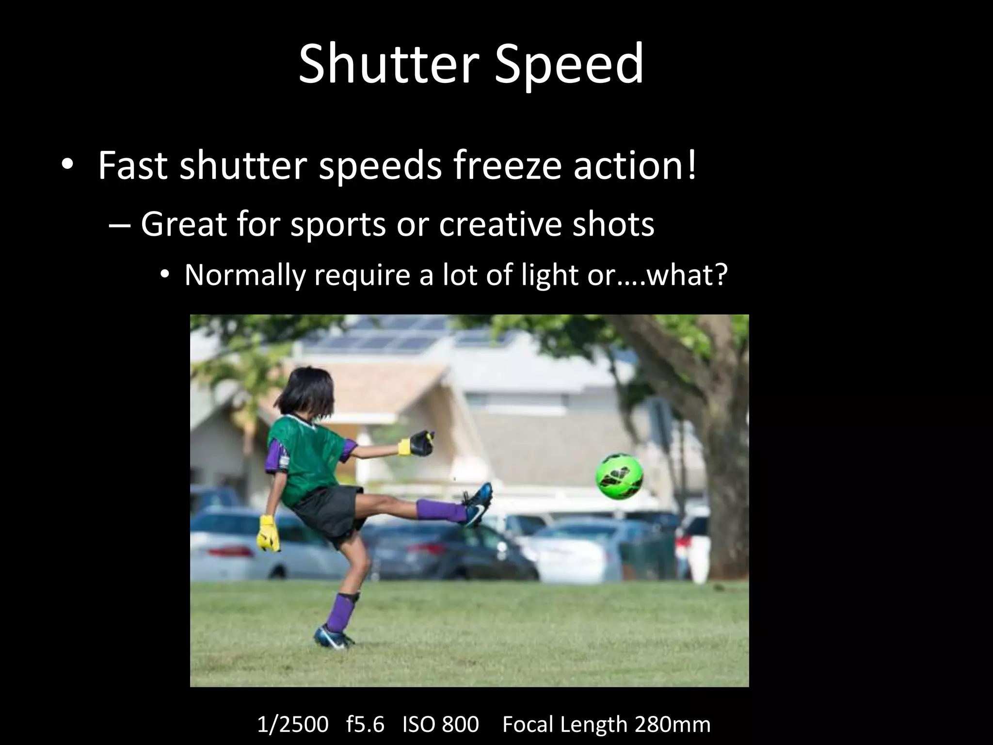 Shutter Speed
• Fast shutter speeds freeze action!
– Great for sports or creative shots
• Normally require a lot of light or….what?

1/2500 f5.6 ISO 800 Focal Length 280mm

 