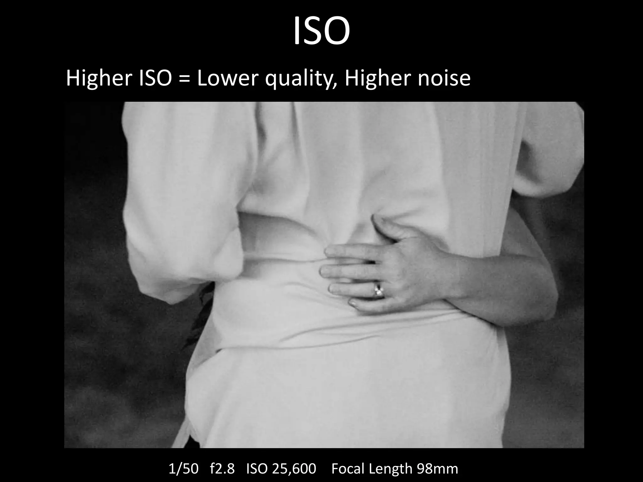 ISO
Higher ISO = Lower quality, Higher noise

1/50 f2.8 ISO 25,600 Focal Length 98mm

 