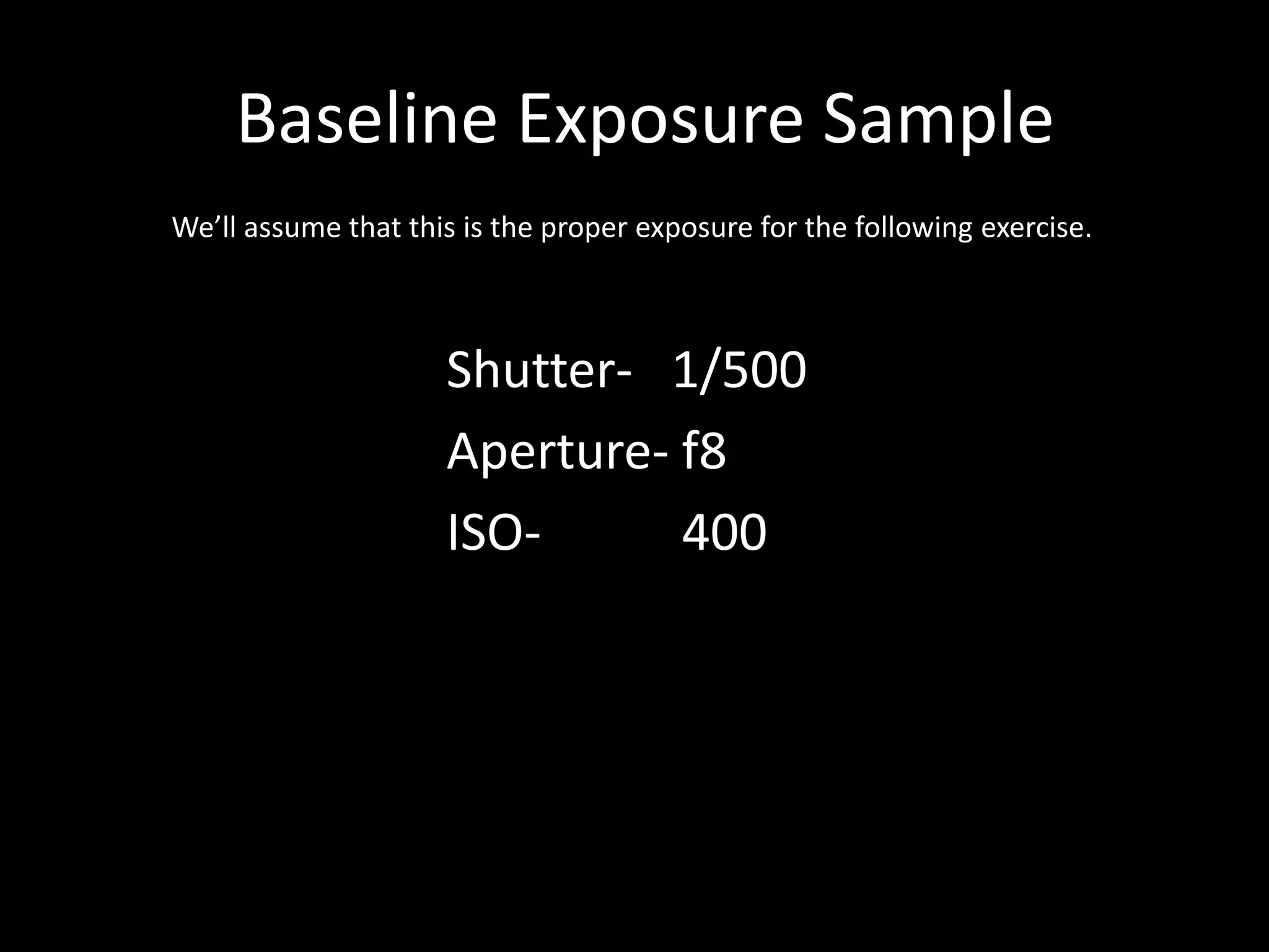 Baseline Exposure Sample
We’ll assume that this is the proper exposure for the following exercise.

Shutter- 1/500
Aperture- f8
ISO400

 