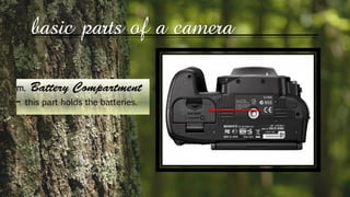 basic parts of a camera
m.
this part holds the batteries.
 