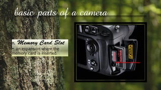 basic parts of a camera
n.
an expansion where the
memory card is inserted.
 