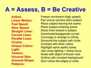 A = Assess, B = Be Creative
Action:
Linear Motion:
Fast Speed:
Slow Speed:
Straight Lines:
Curved Lines:
Parallel Lines:
Circles:
Unique Colors:
Light:
Texture:
Unusual Size:
Unusual Shape:
Patterns:
Freeze movement (high speed)
Pan (move camera with) subject
Place subject leaving the scene
Place subject entering scene
Direct lines toward a subject
Accentuate/exaggerate curves
Converge or diverge to infinity
Surround the subject with circle
Contrast with other colors
Highlight warm earthy tones
Use cross lighting + sharp focus
Scale with object of known size
Outline with constant background
Don’t show the edges or ends
 