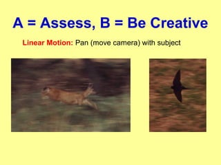 A = Assess, B = Be Creative
Linear Motion: Pan (move camera) with subject
 