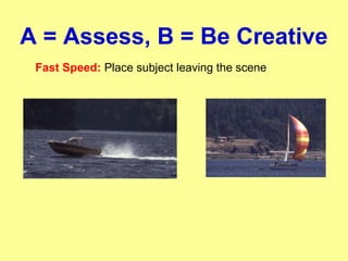 A = Assess, B = Be Creative
Fast Speed: Place subject leaving the scene
 