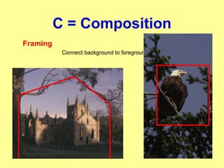 C = Composition
Framing
Connect background to foreground frame
 