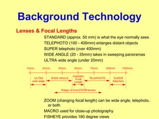 Background Technology
Lenses & Focal Lengths
STANDARD (approx. 50 mm) is what the eye normally sees
TELEPHOTO (100 - 400mm) enlarges distant objects
SUPER telephoto (over 400mm)
WIDE ANGLE (20 - 35mm) takes in sweeping panoramas
ULTRA wide angle (under 20mm)
ZOOM (changing focal length) can be wide angle, telephoto,
or both
MACRO used for close-up photography
FISHEYE provides 180 degree views
Standard
Focal
Length
10mm 20mm 35mm 50mm 75mm 400mm 1000mm
SUPER
telephoto
TELEPHOTOULTRA
wide angle
WIDE ANGLE
Range of most ZOOM lenses
 