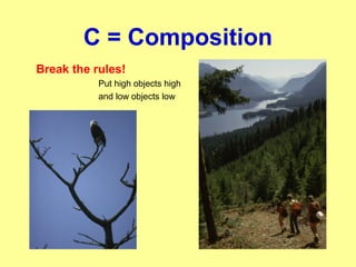 C = Composition
Break the rules!
Put high objects high
and low objects low
 